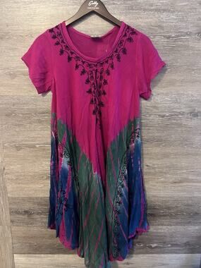 Tie Die Women Dress New Hippie Embroidered Boho Beach Summer Travel Pink Purple